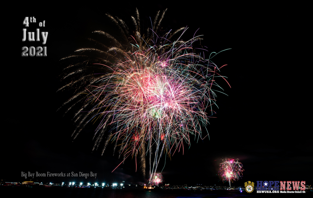 Congratulations! The USA! Finally, America coming back and celebrating the freedom of the Covid Pandemic! Overcoming Covid Pandemic, the 20-minute spectacular fireworks are celebrating simultaneously from four barges where is one of the largest annual fireworks displays in the United States. Hope Rising World Documentary Media Director Oshell Oh with Big Bay Boom Fireworks at San Diego Bay by hrwnews.com