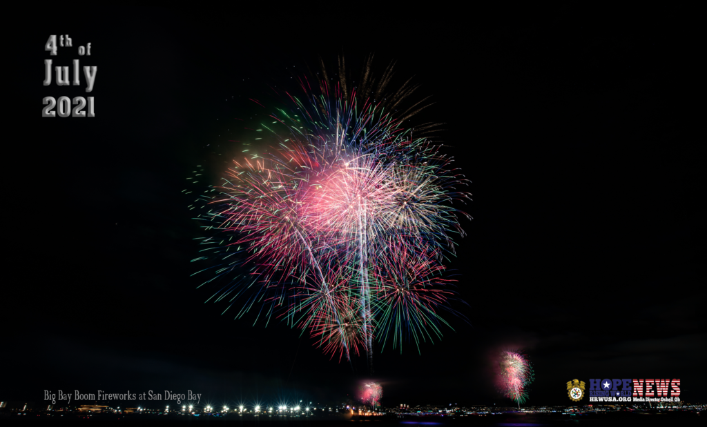 Finally, America coming back and celebrating the freedom of the Covid Pandemic! Overcoming Covid Pandemic, the 20-minute spectacular fireworks are celebrating simultaneously from four barges where is one of the largest annual fireworks displays in the United States. Hope Rising World Documentary Media Director Oshell Oh with Big Bay Boom Fireworks at San Diego Bay by hrwnews.com